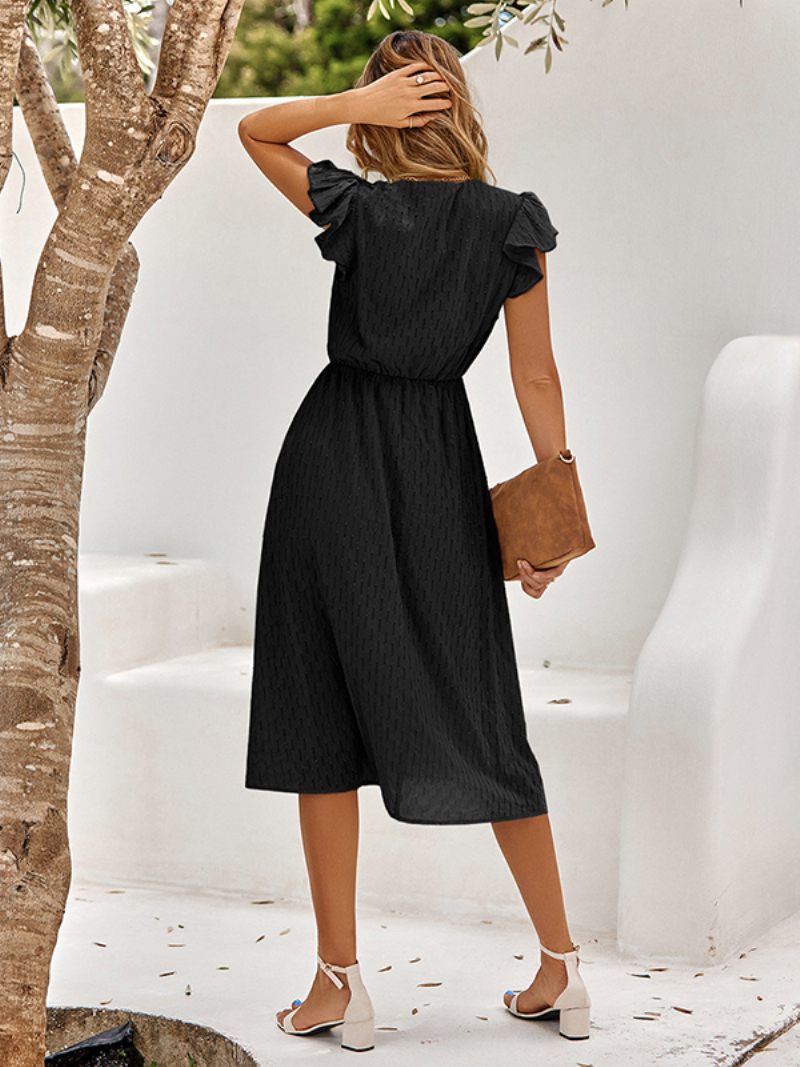 Robe Midi Décontractée À Col V Et Manches Courtes Pour Femmes - Noir