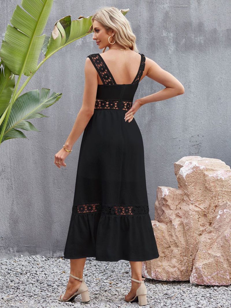 Robe Midi Décontractée Sans Manches À Col Carré Pour Femmes - Noir