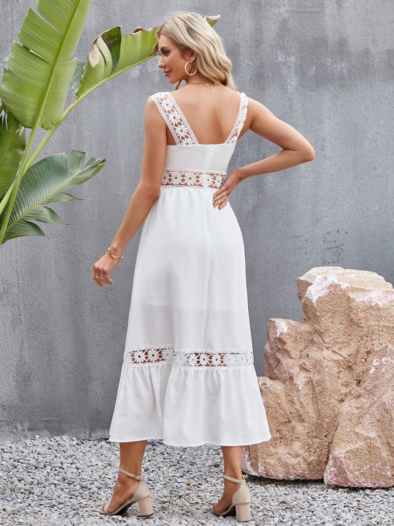 Robe Midi Décontractée Sans Manches À Col Carré Pour Femmes - Blanc