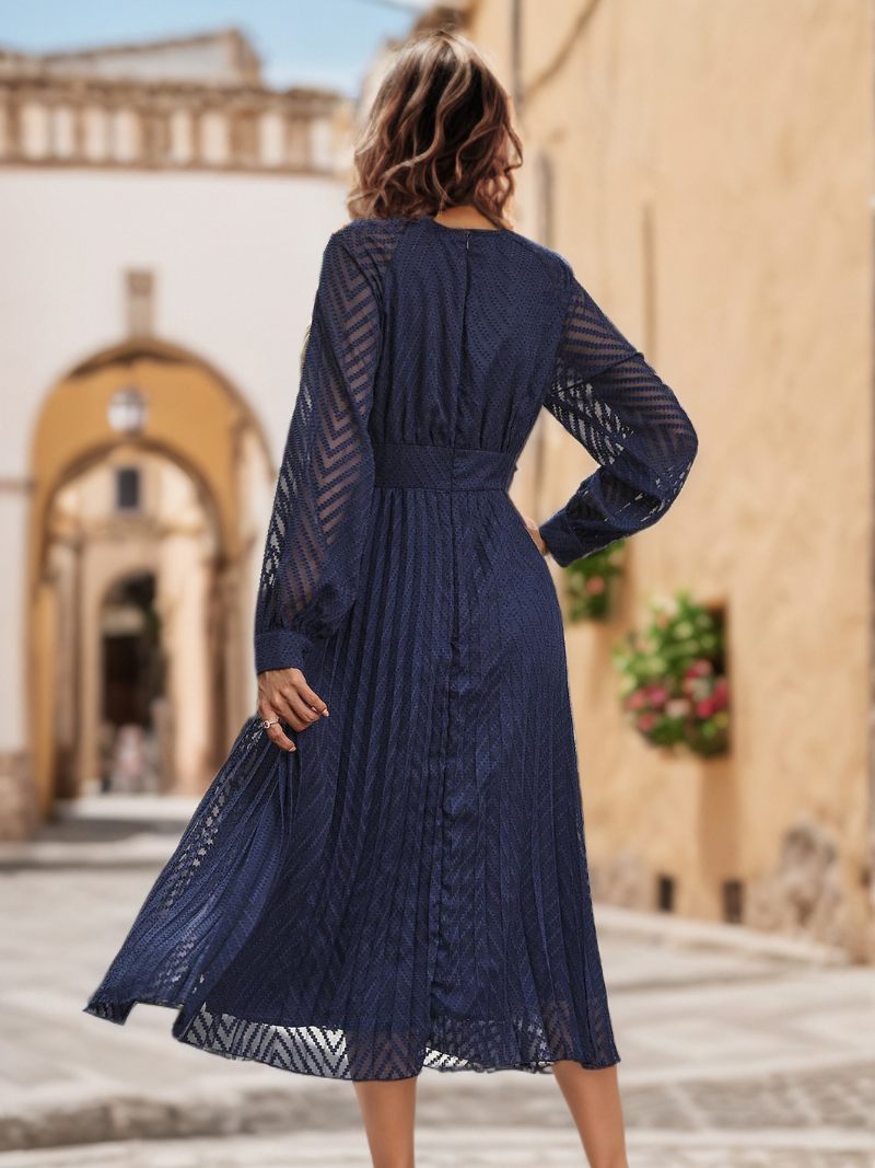 Robe Midi Évasée Plissée À Manches Longues Et Col V Pour Femme - Marine Foncé