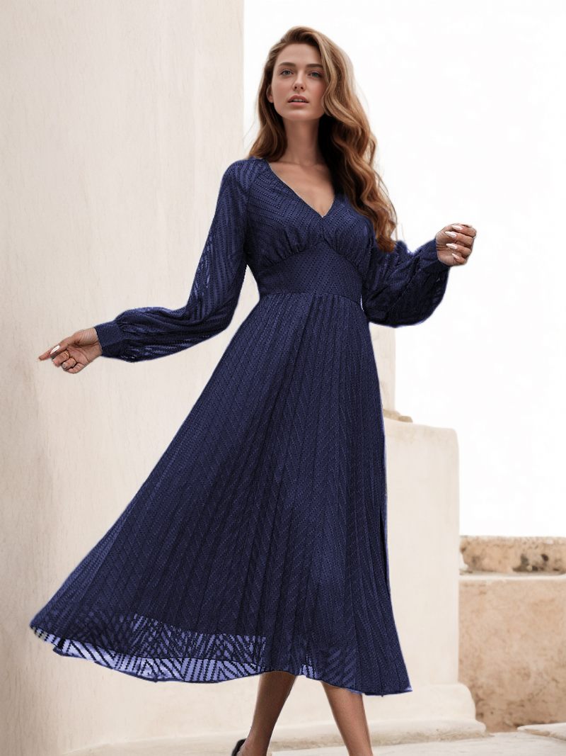 Robe Midi Évasée Plissée À Manches Longues Et Col V Pour Femme - Marine Foncé