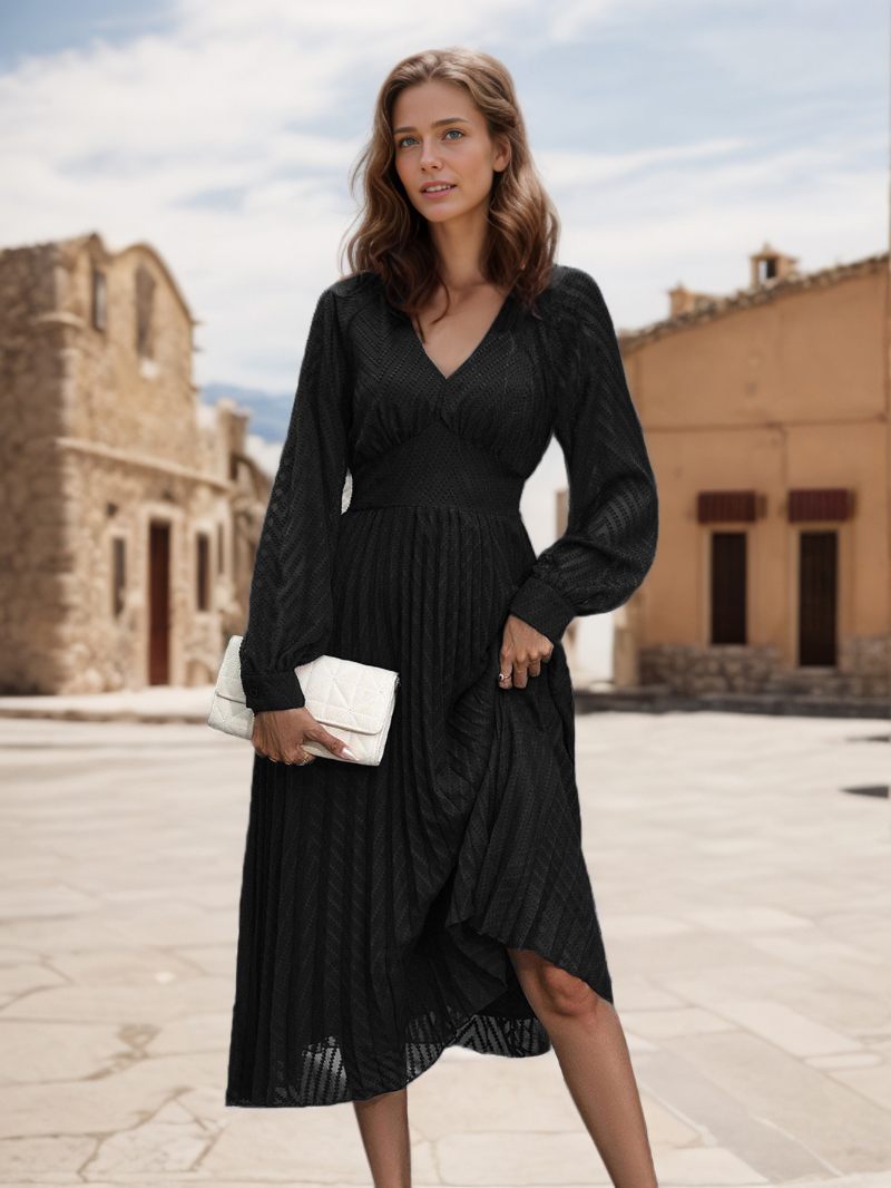 Robe Midi Évasée Plissée À Manches Longues Et Col V Pour Femme - Noir