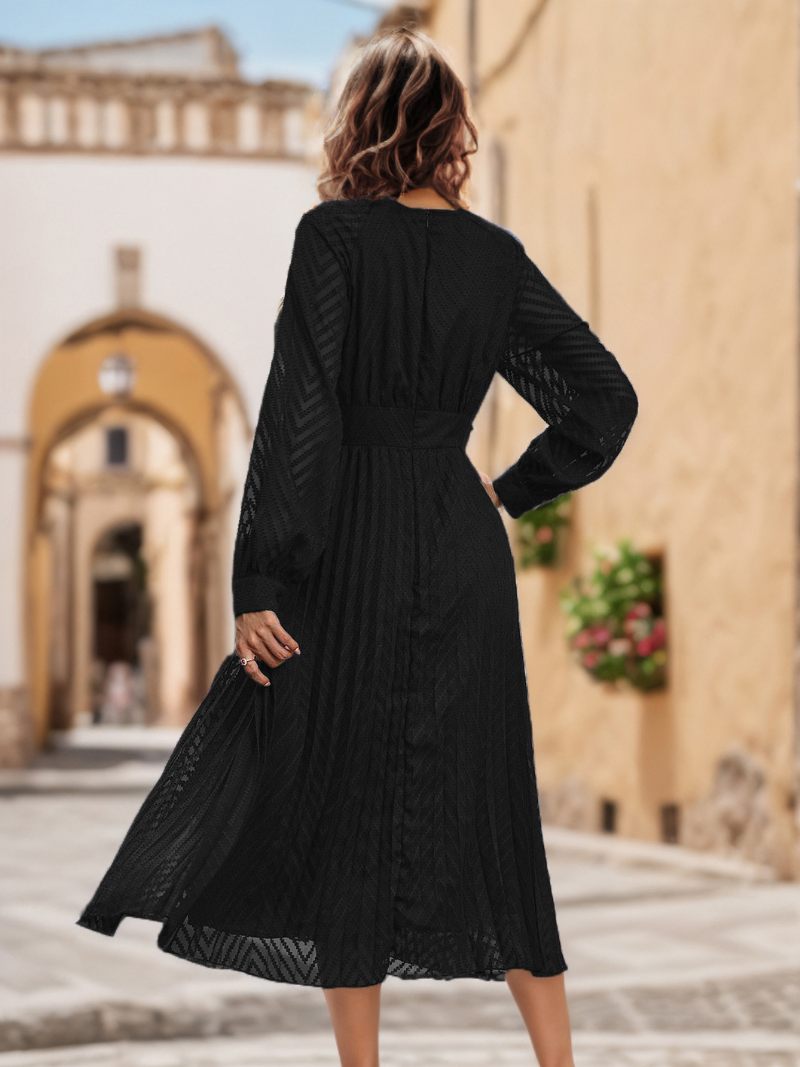 Robe Midi Évasée Plissée À Manches Longues Et Col V Pour Femme - Noir