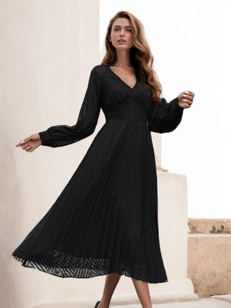 Robe Midi Évasée Plissée À Manches Longues Et Col V Pour Femme - Noir