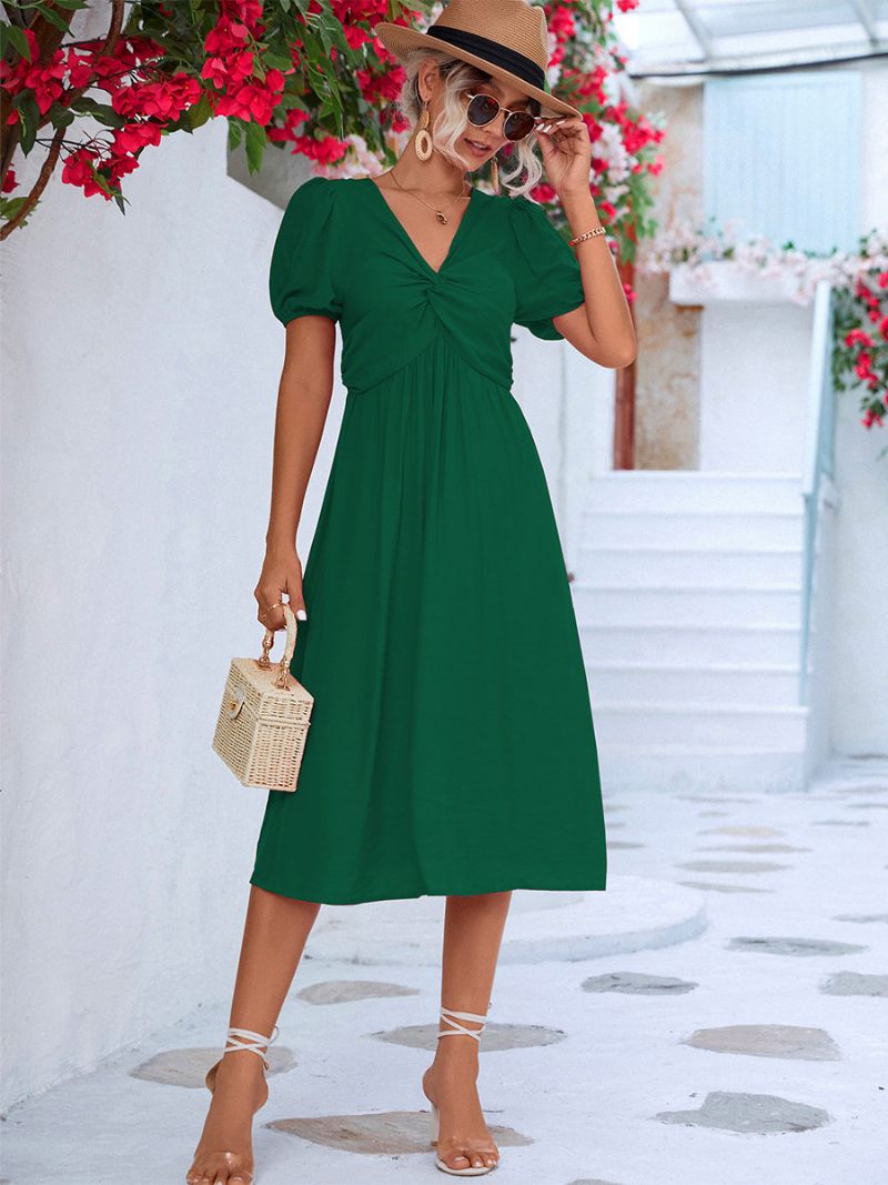 Robe Midi Plissée Décontractée À Col V Et Manches Courtes Pour Femmes - Vert