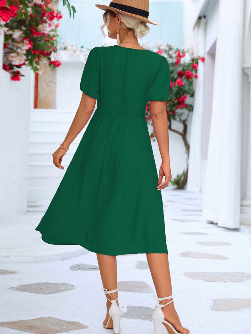 Robe Midi Plissée Décontractée À Col V Et Manches Courtes Pour Femmes - Vert