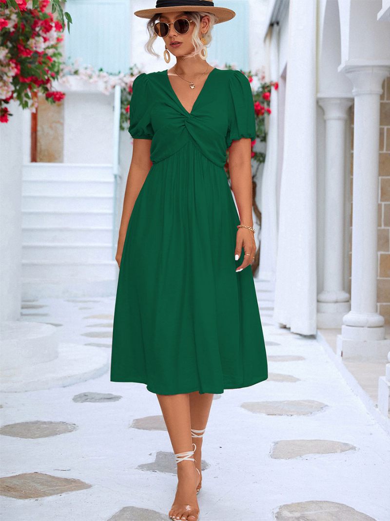 Robe Midi Plissée Décontractée À Col V Et Manches Courtes Pour Femmes - Vert