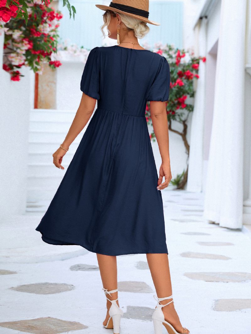 Robe Midi Plissée Décontractée À Col V Et Manches Courtes Pour Femmes - Marine Foncé