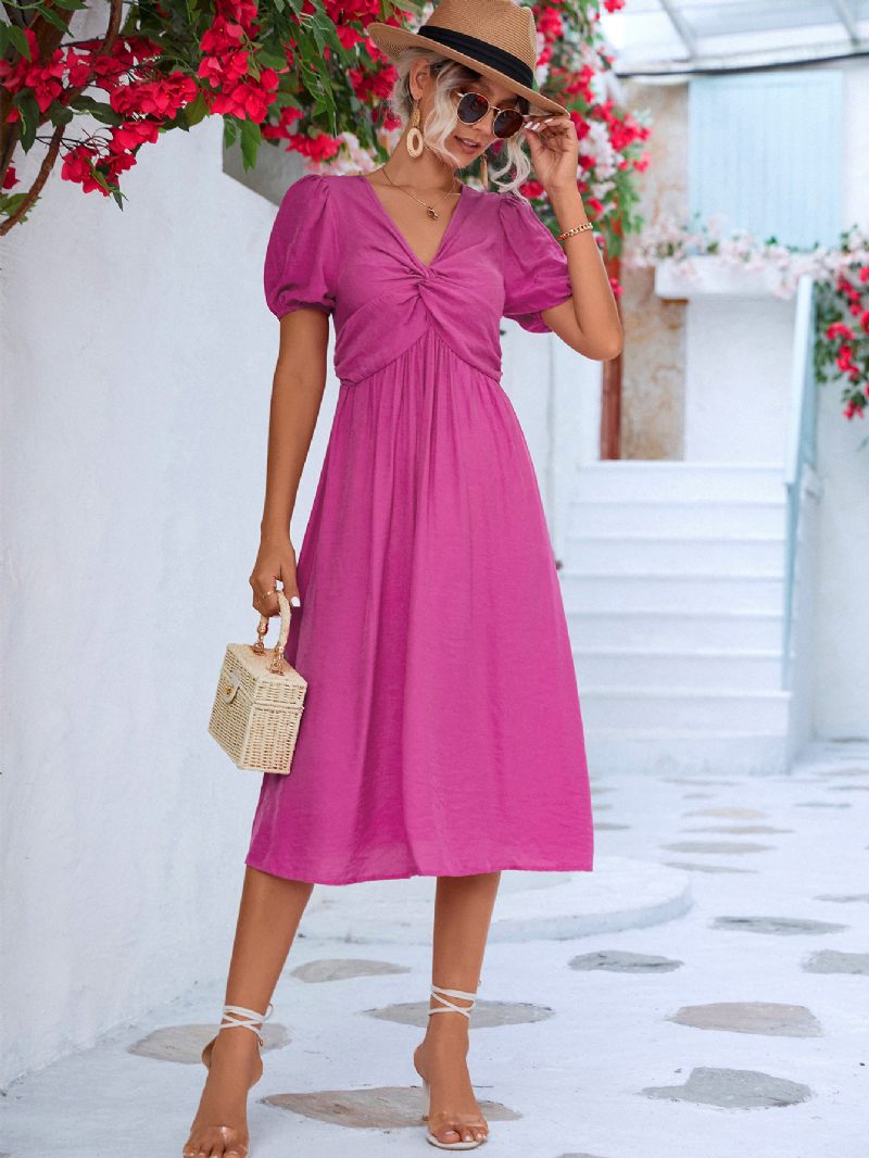 Robe Midi Plissée Décontractée À Col V Et Manches Courtes Pour Femmes - Rose