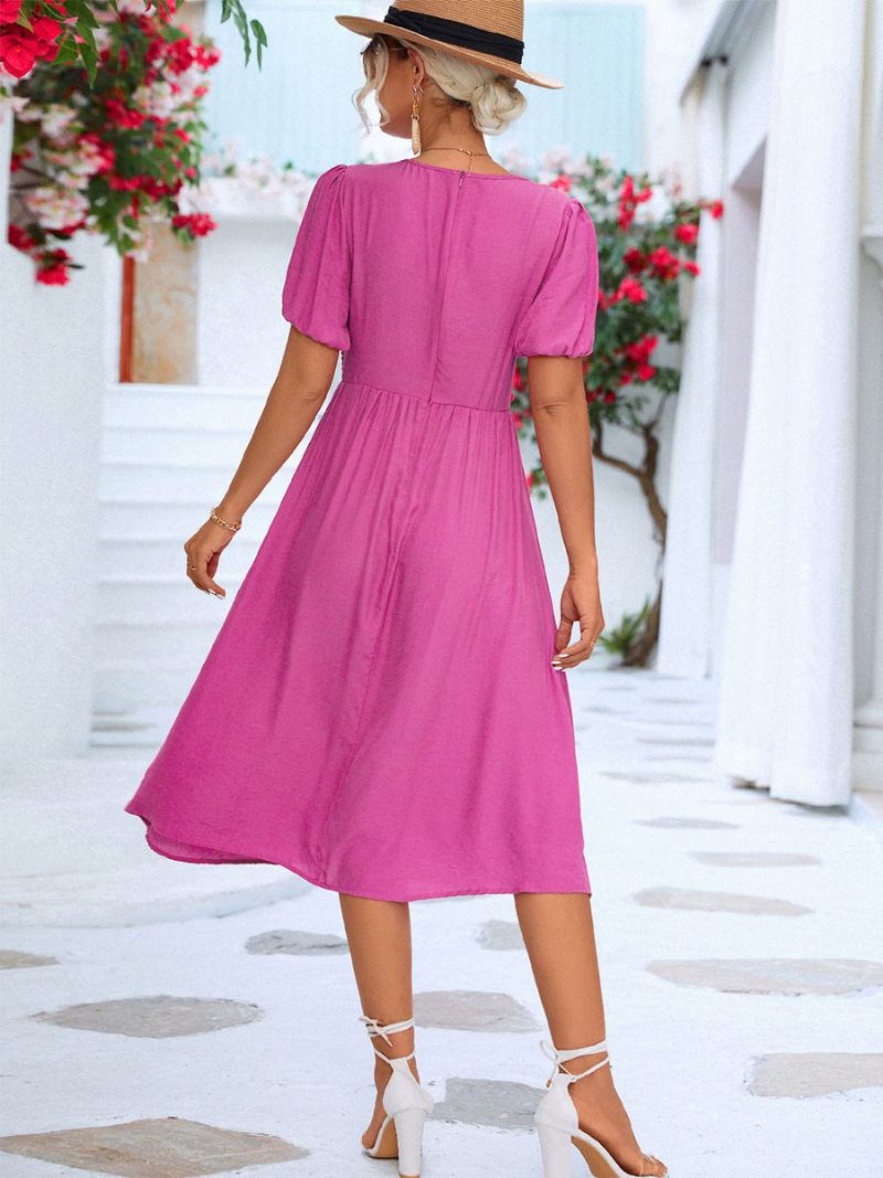 Robe Midi Plissée Décontractée À Col V Et Manches Courtes Pour Femmes - Rose