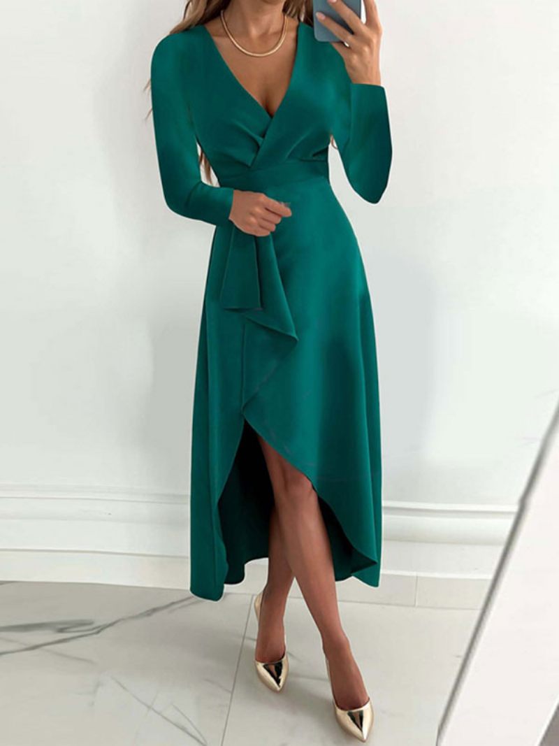 Robe Midi À Volants Cascade Pour Femmes Col V Manches Longues - Vert