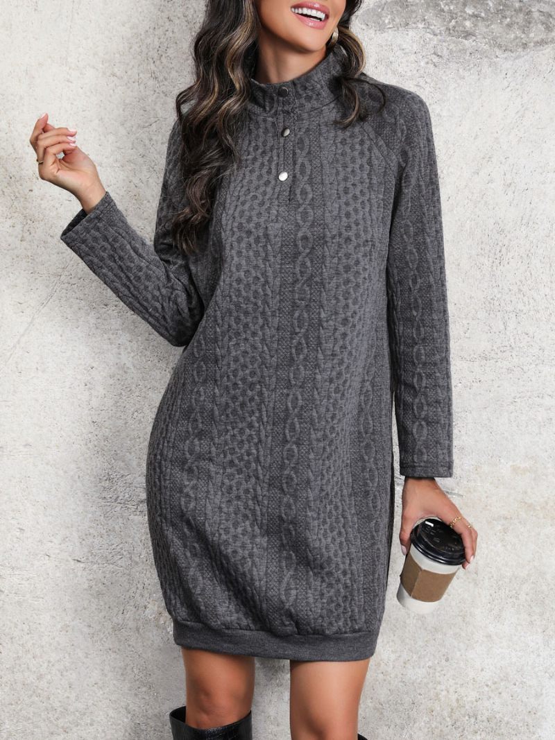 Robe Pull À Col Montant Et Manches Longues Pour Femme Mini Tricotée Par Câble - Gris Foncé