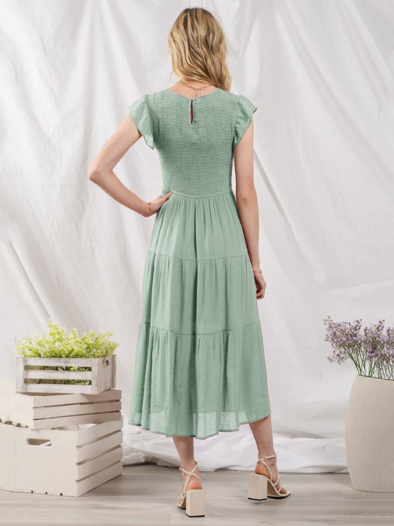 Robe Soirée Mélange Coton Pour Femmes Décontractée Col Bijou Manches Courtes Mi-longue D'été - Vert