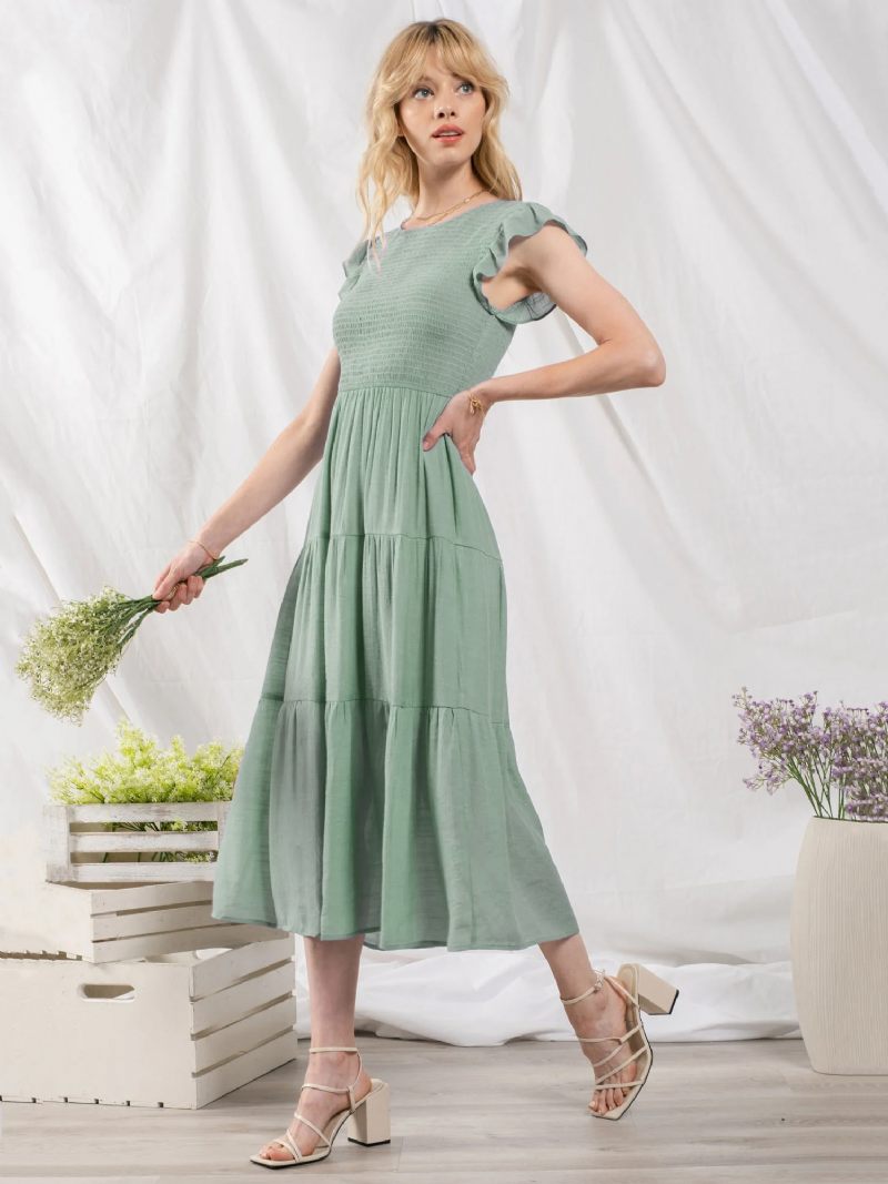 Robe Soirée Mélange Coton Pour Femmes Décontractée Col Bijou Manches Courtes Mi-longue D'été - Vert