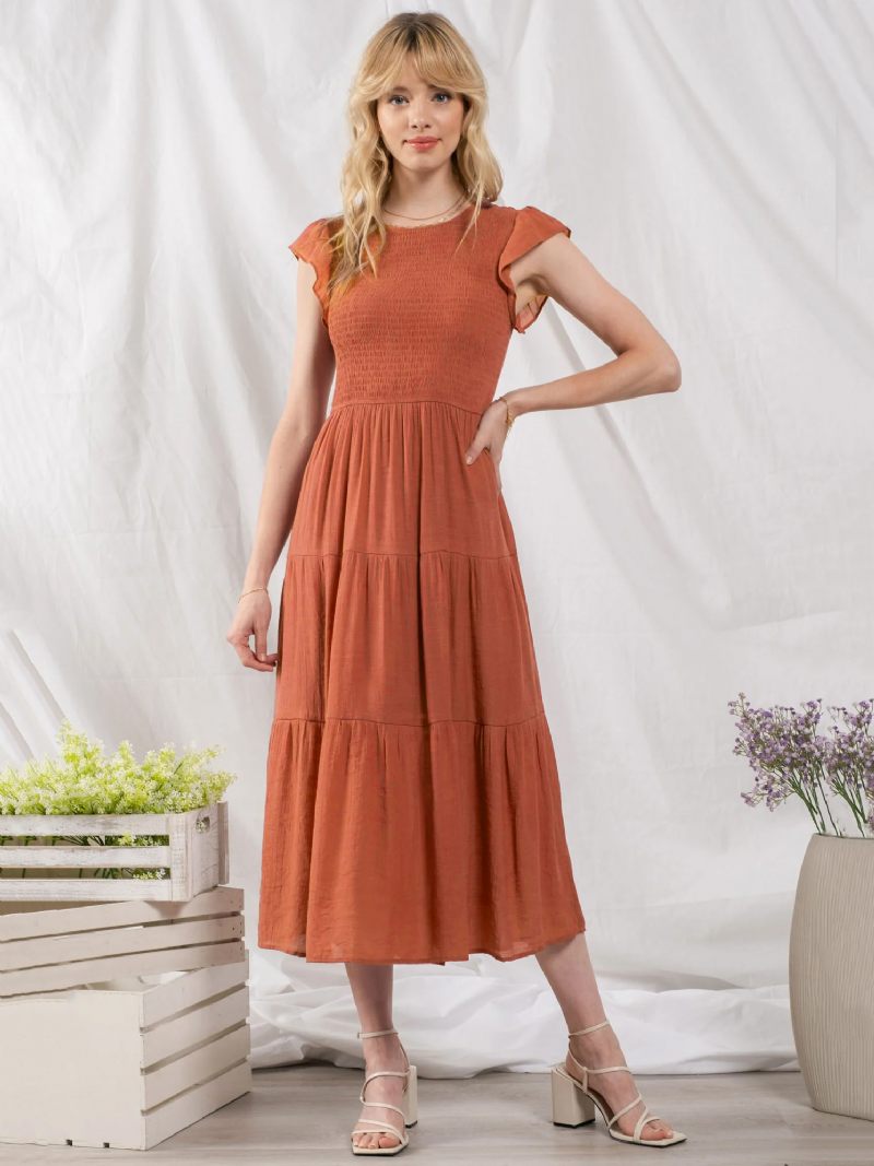 Robe Soirée Mélange Coton Pour Femmes Décontractée Col Bijou Manches Courtes Mi-longue D'été - Orange