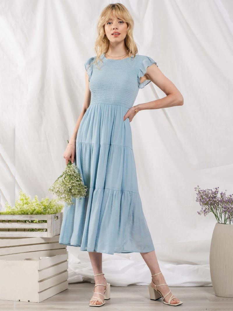 Robe Soirée Mélange Coton Pour Femmes Décontractée Col Bijou Manches Courtes Mi-longue D'été - Bleu Ciel Clair