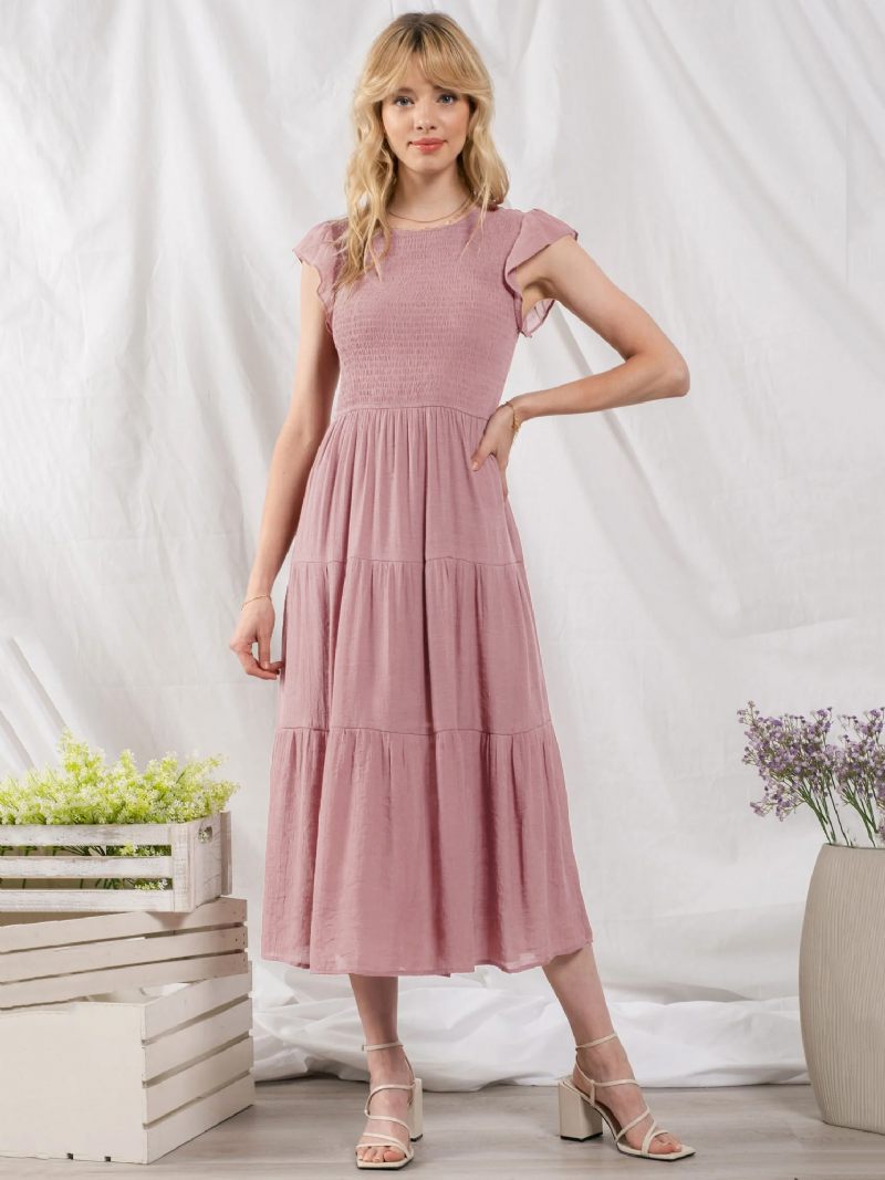 Robe Soirée Mélange Coton Pour Femmes Décontractée Col Bijou Manches Courtes Mi-longue D'été - Rose