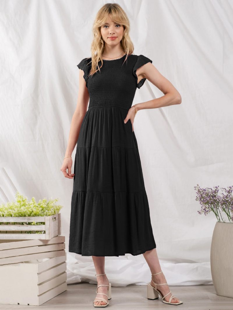 Robe Soirée Mélange Coton Pour Femmes Décontractée Col Bijou Manches Courtes Mi-longue D'été - Noir