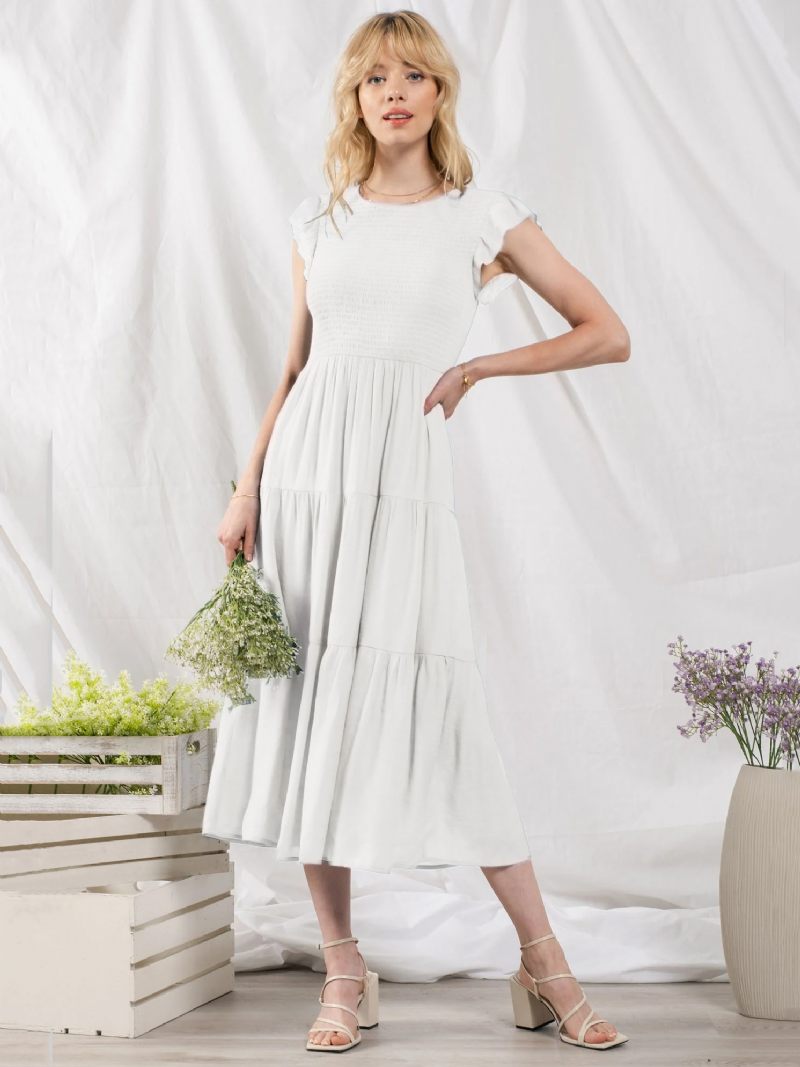 Robe Soirée Mélange Coton Pour Femmes Décontractée Col Bijou Manches Courtes Mi-longue D'été - Blanc