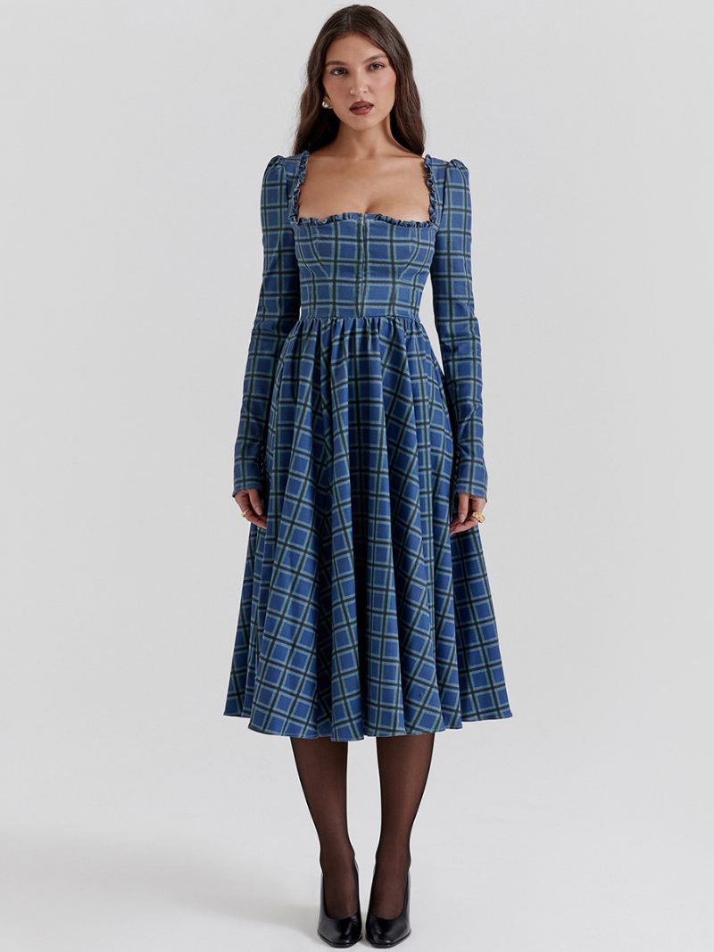 Robe Trapèze Bleu Marine Foncé Pour Femmes Col Carré Dos Nu Manches Longues Robes Mi-longues Jour