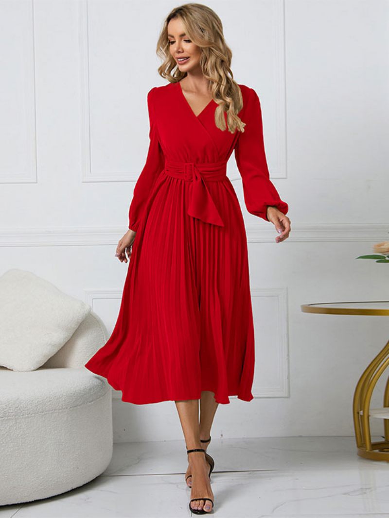 Robes Patineuses Pour Femmes Col V Vert Manches Longues Robe Ajustée Et Évasée Sexy - Rouge