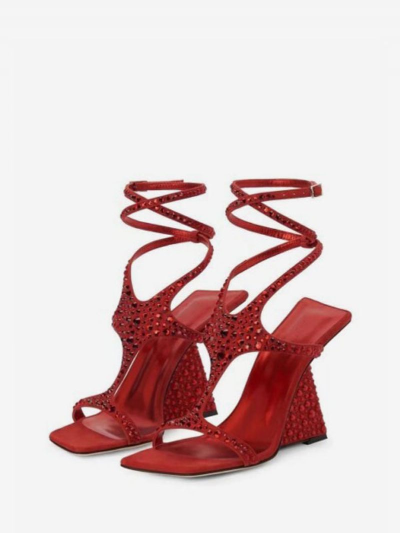 Chaussures Bal Dorées Pour Femmes Sandales À Talons Compensés Et Bretelles Avec Strass - Rouge