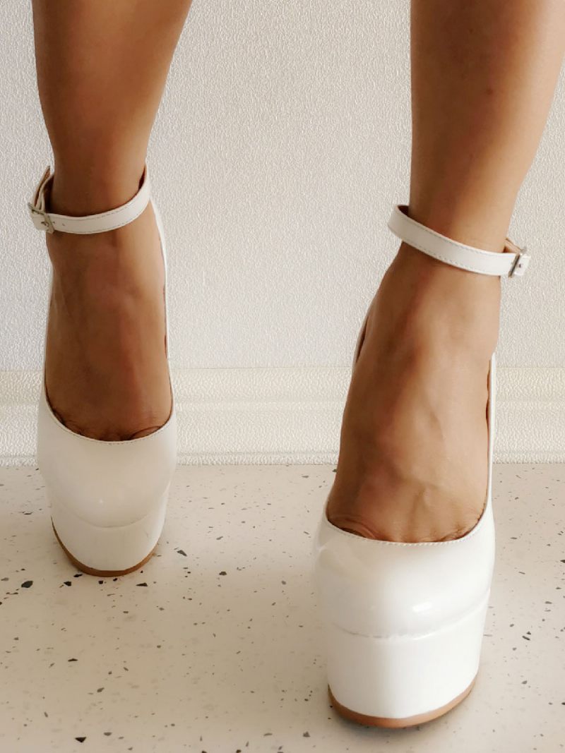 Chaussures Sexy À Talons Compensés Pour Femmes Compensées Cuir Verni Bout Rond - Blanc