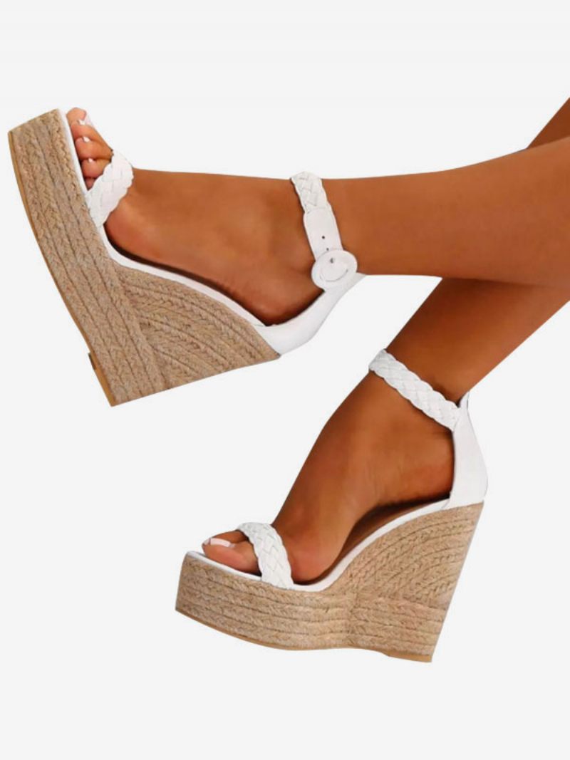 Sandales Compensées Blanches Pour Femmes Espadrilles À Bout Ouvert Et Boucle