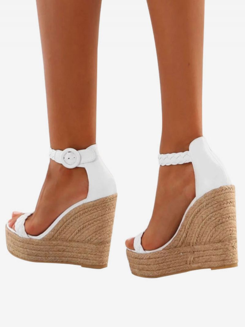 Sandales Compensées Blanches Pour Femmes Espadrilles À Bout Ouvert Et Boucle - Blanc