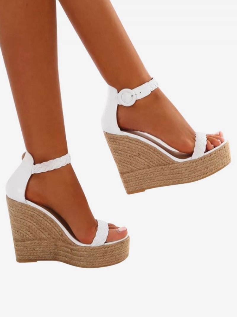 Sandales Compensées Blanches Pour Femmes Espadrilles À Bout Ouvert Et Boucle - Blanc