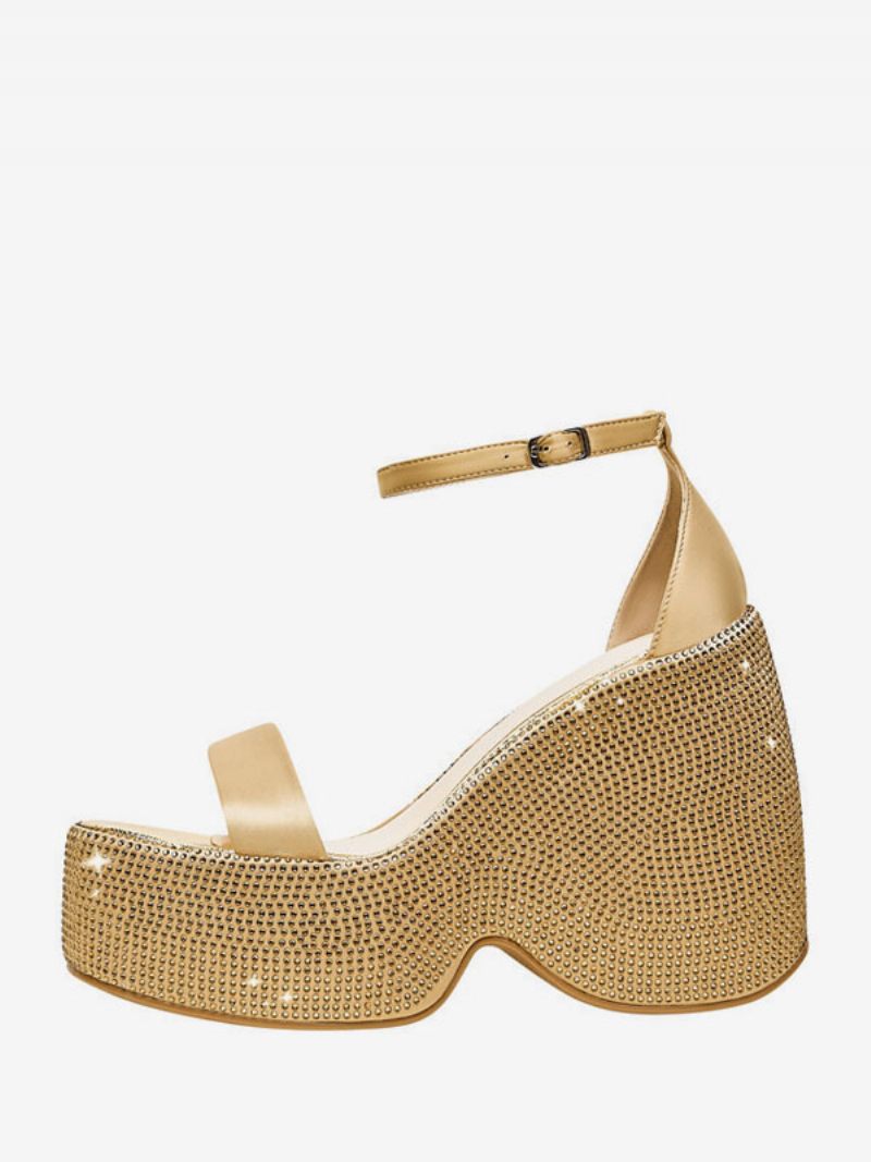 Sandales Compensées Cuir Pu Avec Strass Pour Femmes - Or