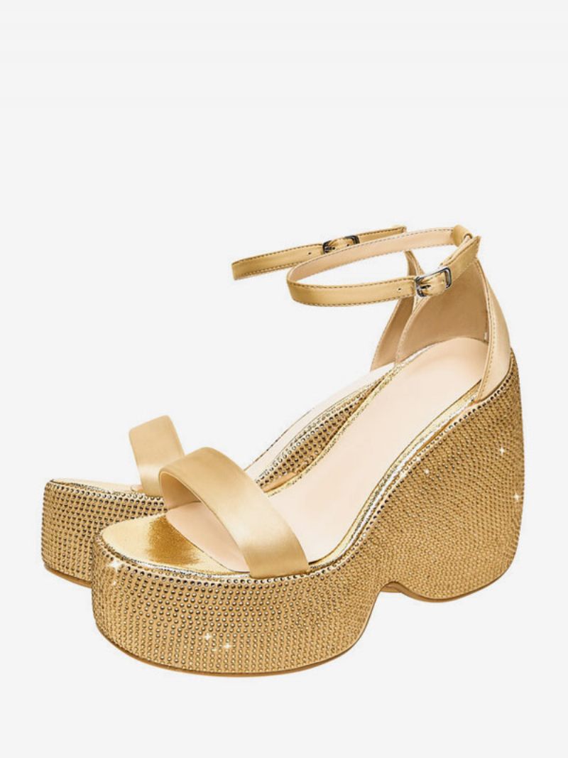 Sandales Compensées Cuir Pu Avec Strass Pour Femmes - Or