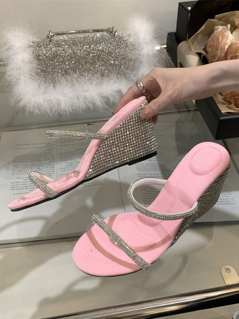 Sandales Compensées Cuir Pu Avec Strass Pour Femmes - Rose