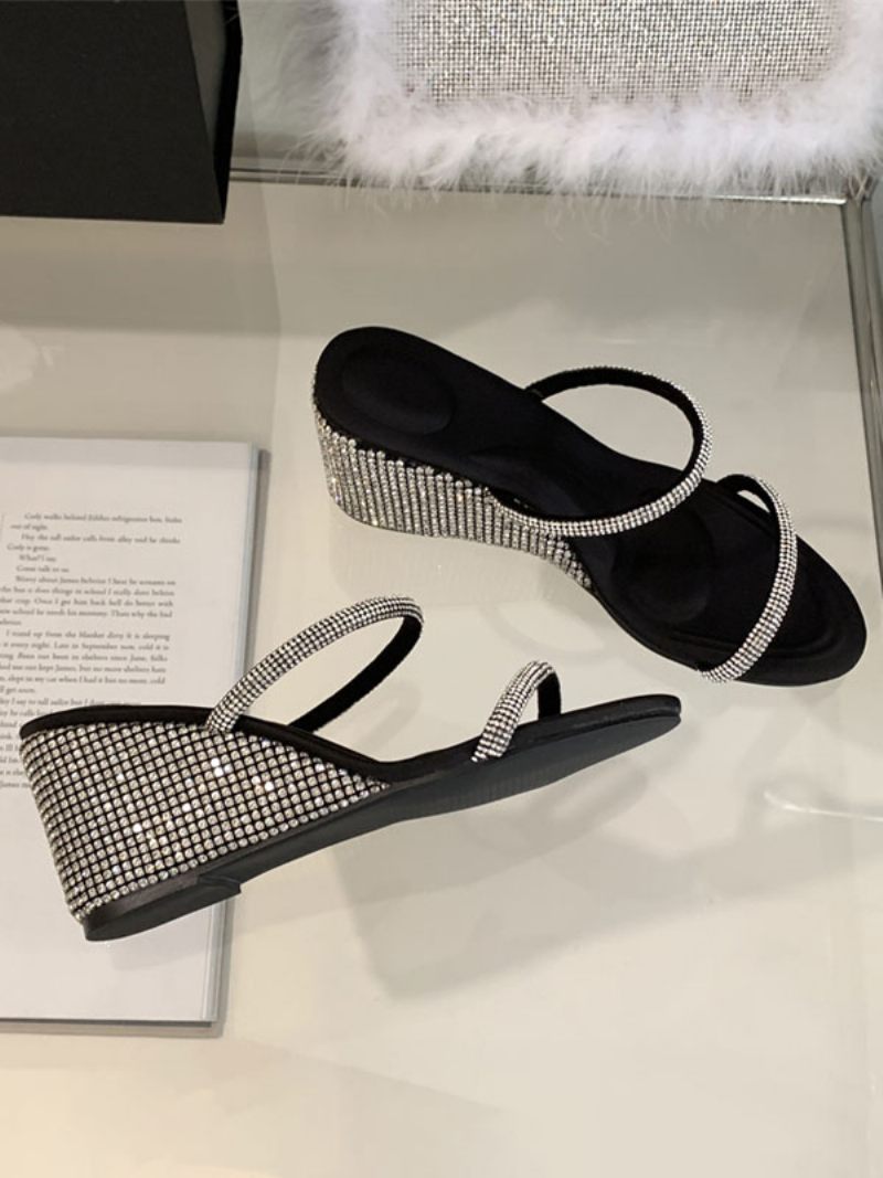 Sandales Compensées Cuir Pu Avec Strass Pour Femmes - Noir