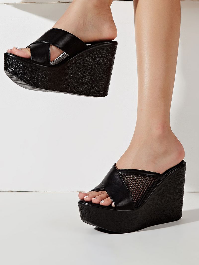 Sandales Compensées Cuir Pu Pour Femmes - Noir