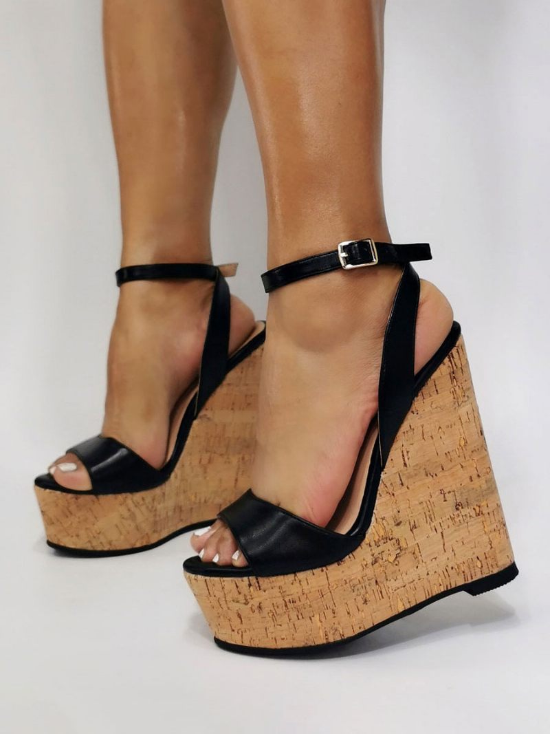 Sandales Compensées Cuir Pu Paltform Blanches Pour Femmes - Noir