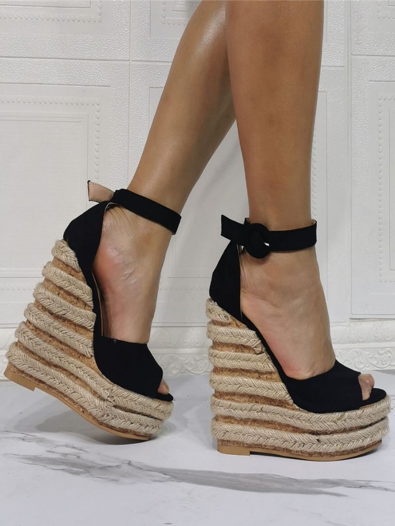 Sandales Compensées Espadrilles À Plateforme Et Bride Cheville Pour Femmes - Noir