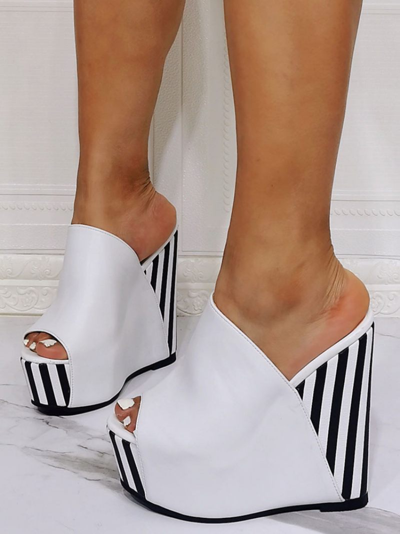 Sandales Compensées Pour Femmes Mules Blanches À Bout Ouvert Cuir Pu Enfiler Talons Hauts - Blanc