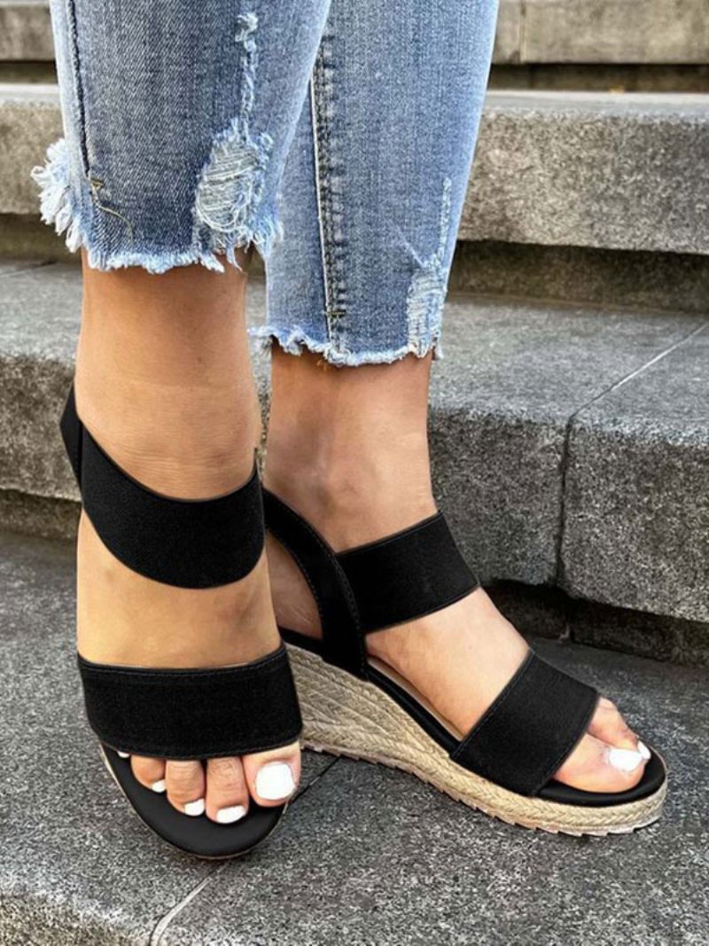 Sandales Compensées Pour Femmes Tenue Rue Cuir Pu Bout Ouvert - Noir