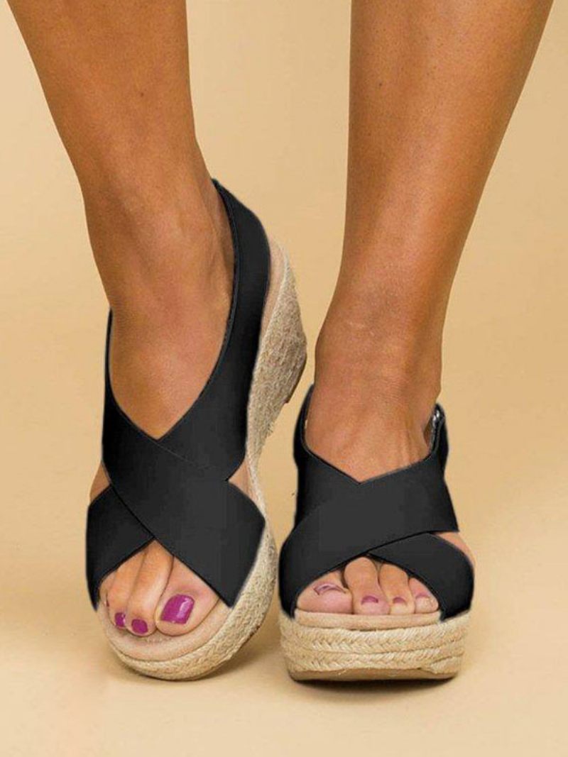 Sandales Compensées Pour Femmes Tenue Rue Cuir Pu Bout Ouvert