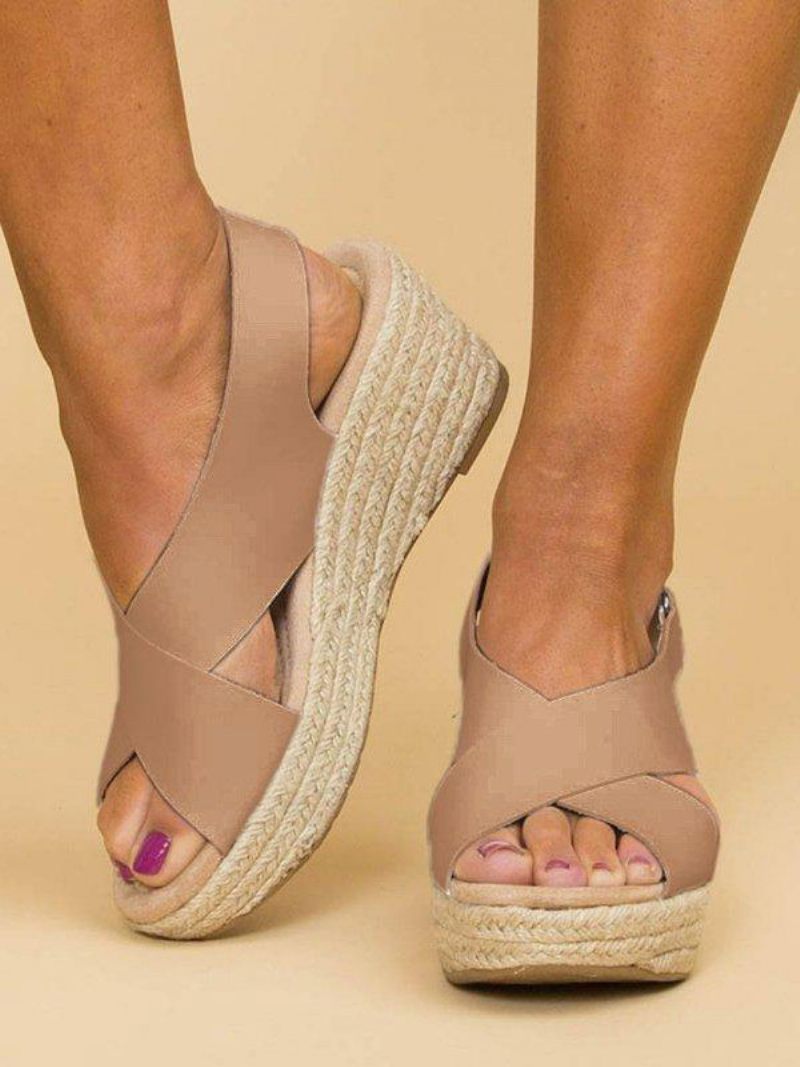 Sandales Compensées Pour Femmes Tenue Rue Cuir Pu Bout Ouvert - Beige