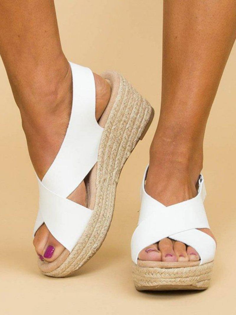 Sandales Compensées Pour Femmes Tenue Rue Cuir Pu Bout Ouvert - Blanc