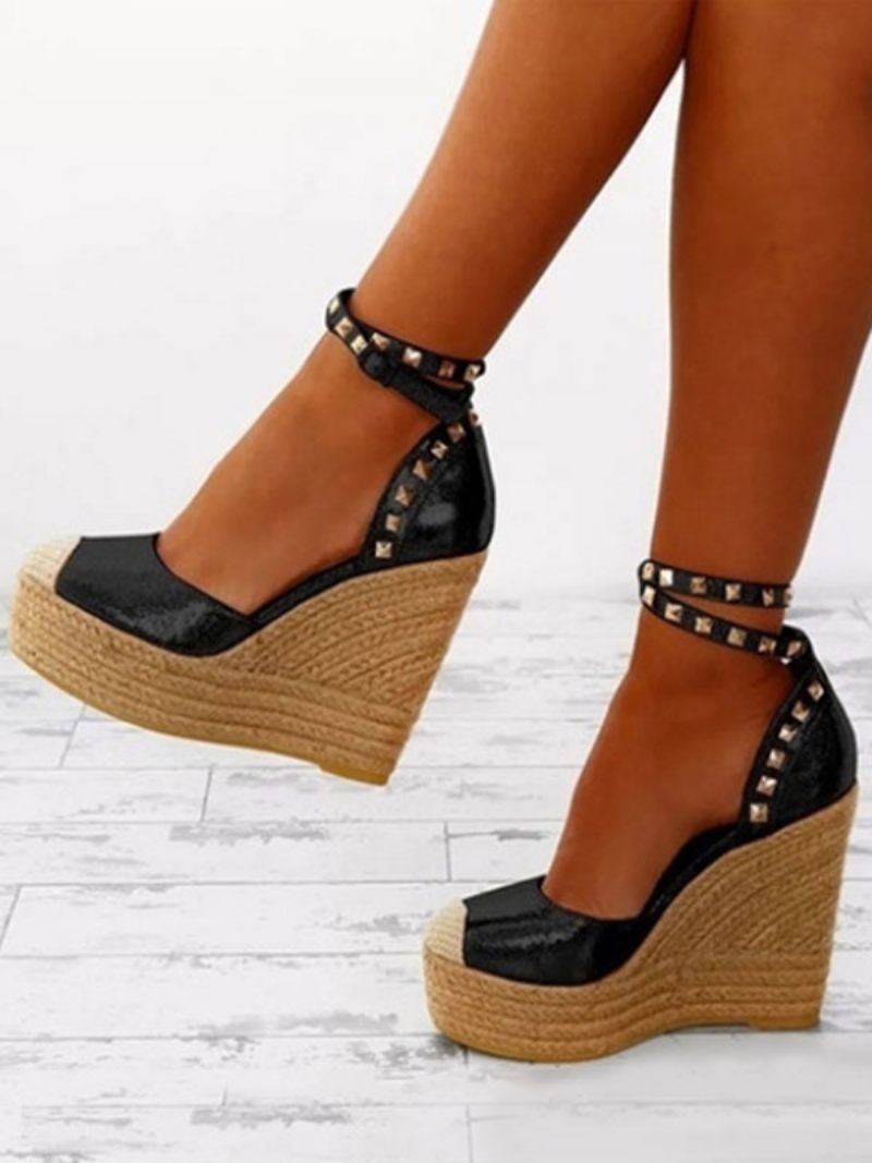 Sandales Compensées Noires Bout Rond Plateforme Rivets Bride À La Cheville Espadrilles Pour Femmes - Noir