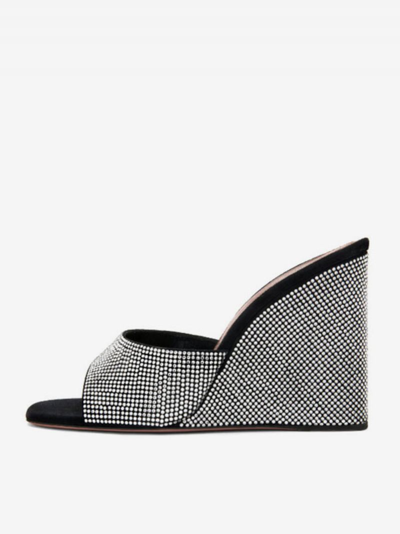 Sandales Compensées Noires Sexy Pour Femmes Strass Nubuck Bal Promo - Noir