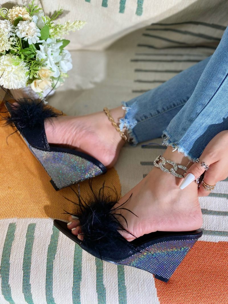 Sandales Compensées Tissu Pailleté À Plumes Pour Femmes - Noir