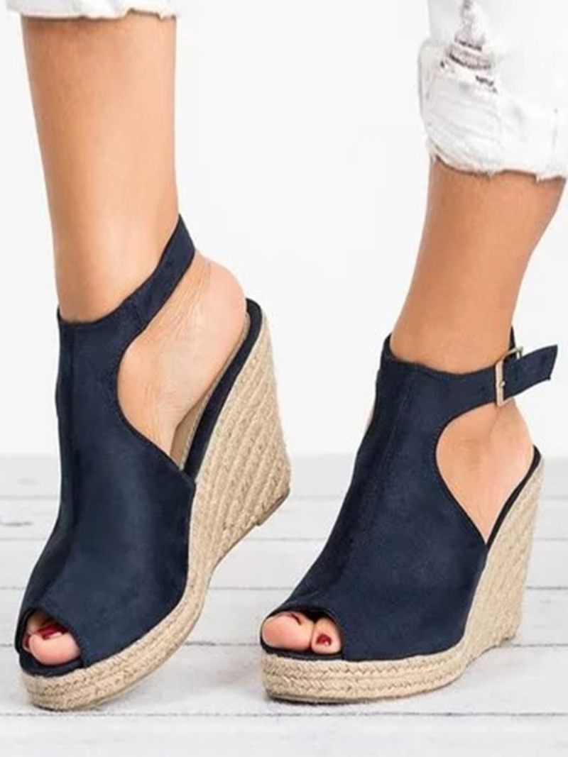 Sandales Espadrilles Compensées Éponge À Bout Ouvert Pour Femmes - Bleu Profond