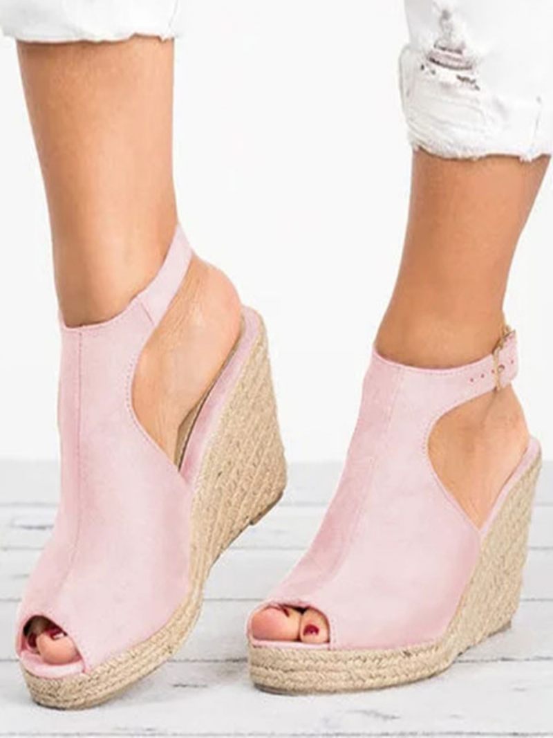 Sandales Espadrilles Compensées Éponge À Bout Ouvert Pour Femmes - Rose