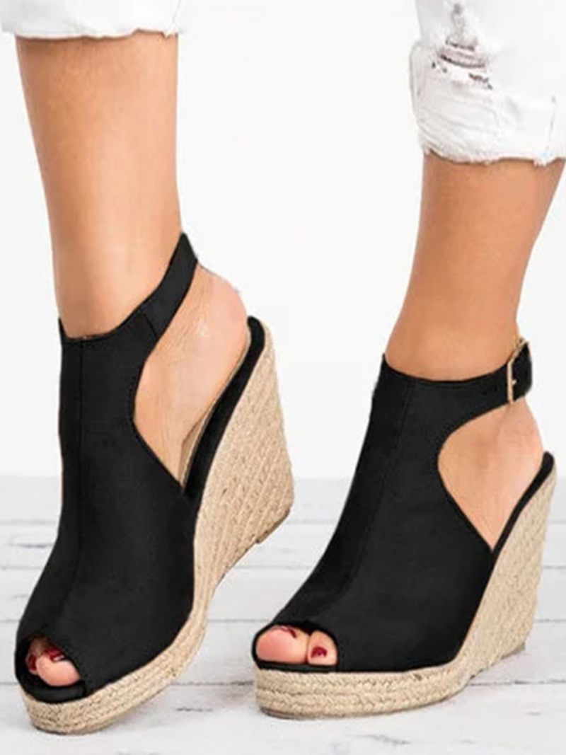 Sandales Espadrilles Compensées Éponge À Bout Ouvert Pour Femmes - Noir