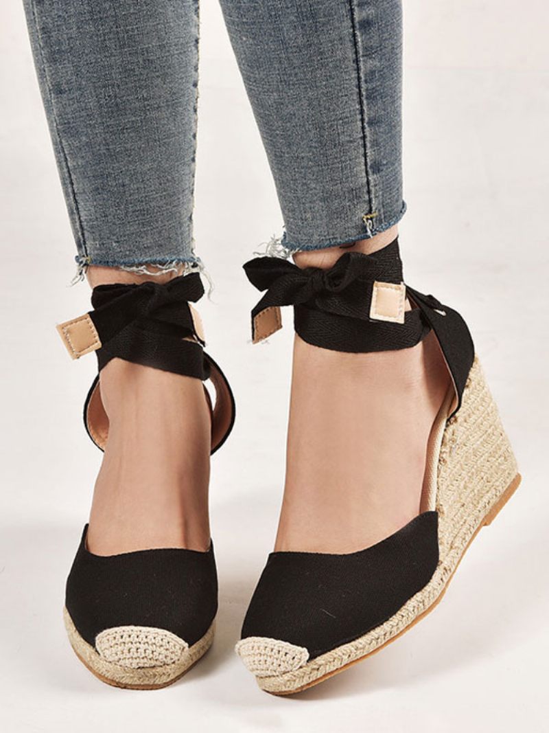 Sandales Espadrilles Compensées Éponge À Bout Pointu Pour Femmes - Noir