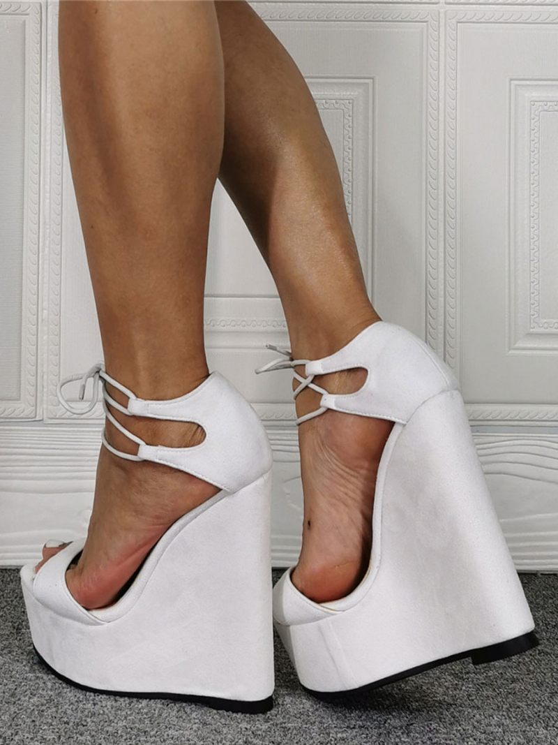 Sandales Sexy Pour Femmes Blanc Micro Daim Supérieur Peep Toe Talon Compensé Chaussures À Talons Hauts Grande Taille - Blanc